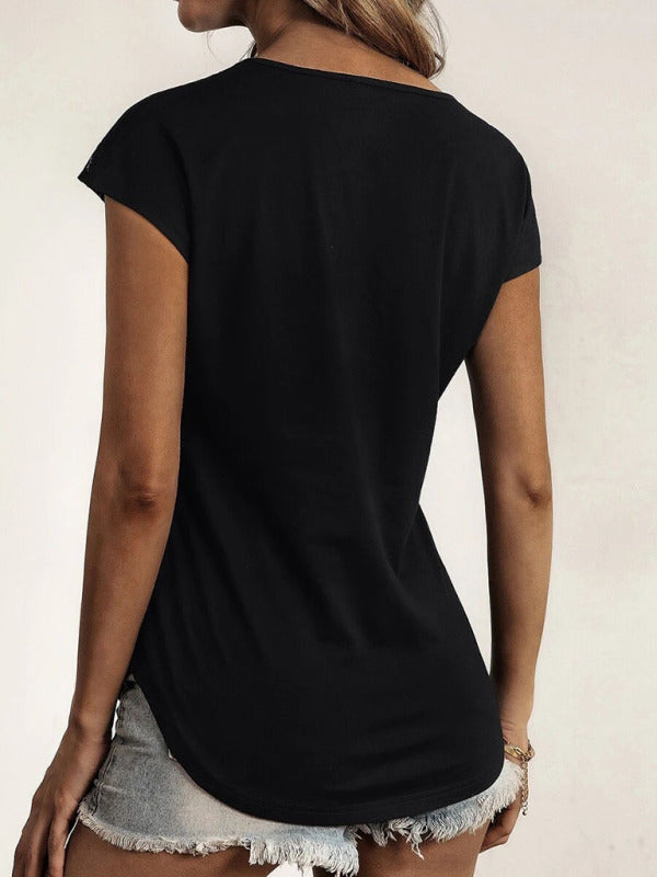 Women's Knitted Round Neck Half Zipper Stitching Lace Short Sleeve T-Shirt
