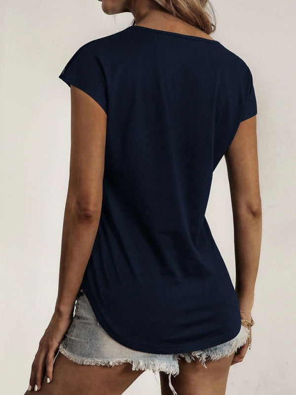Women's Knitted Round Neck Half Zipper Stitching Lace Short Sleeve T-Shirt