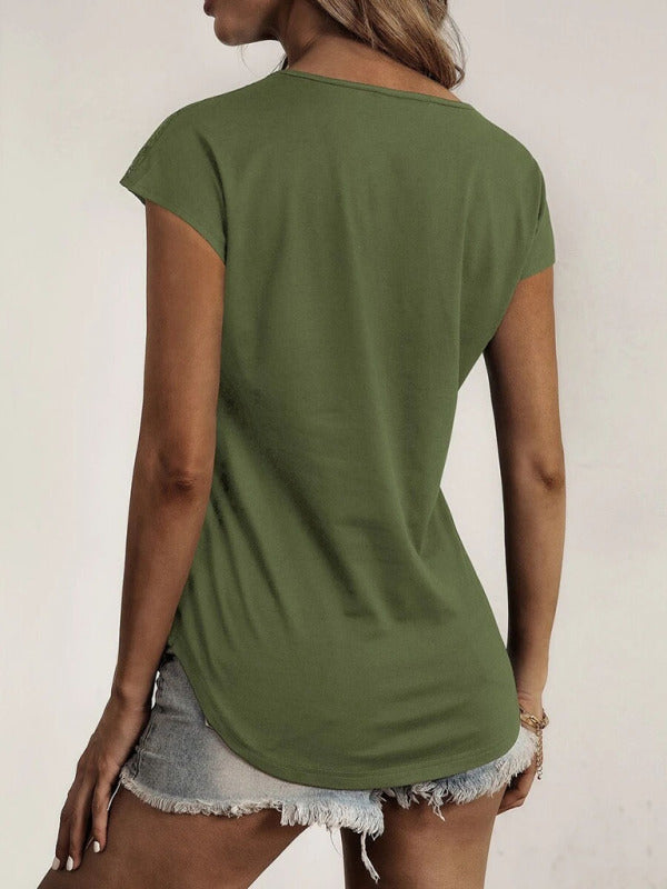 Women's Knitted Round Neck Half Zipper Stitching Lace Short Sleeve T-Shirt