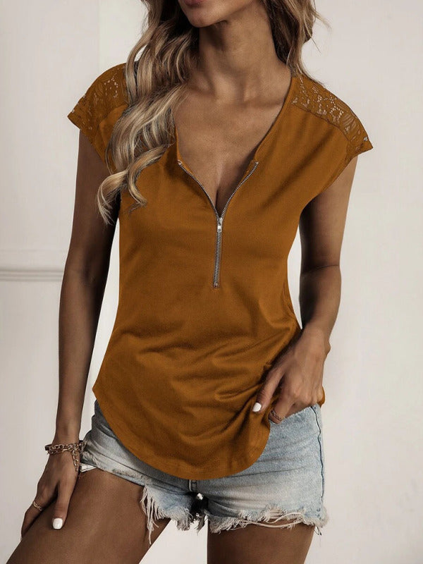Women's Knitted Round Neck Half Zipper Stitching Lace Short Sleeve T-Shirt