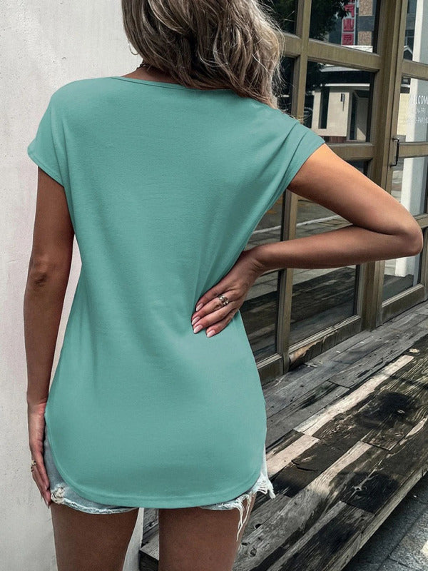 Women's Knitted Round Neck Half Zipper Stitching Lace Short Sleeve T-Shirt