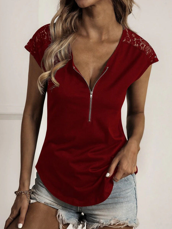 Women's Knitted Round Neck Half Zipper Stitching Lace Short Sleeve T-Shirt