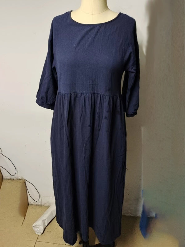 Solid color fashion lantern sleeve loose cotton linen pocket dress