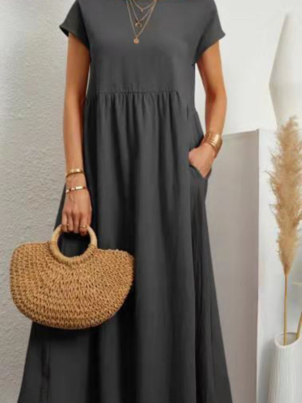 Solid color fashion lantern sleeve loose cotton linen pocket dress