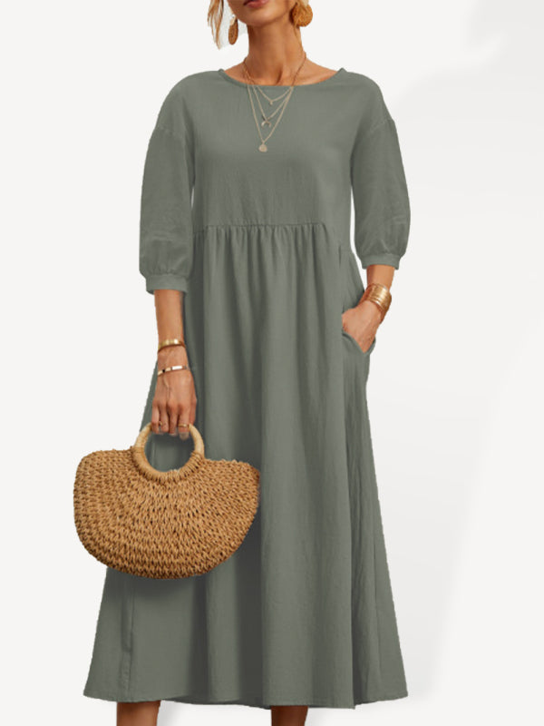 Solid color fashion lantern sleeve loose cotton linen pocket dress