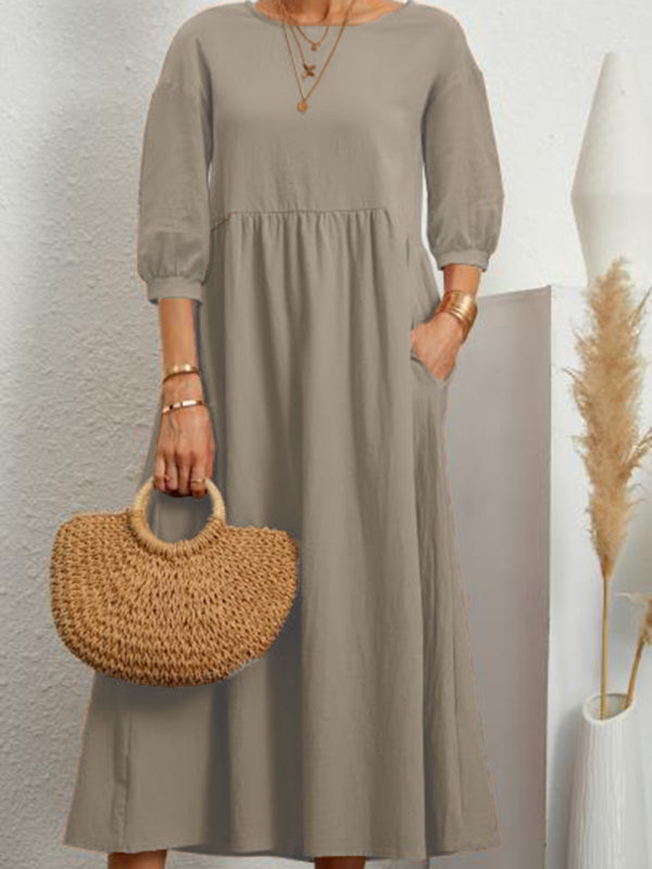 Solid color fashion lantern sleeve loose cotton linen pocket dress