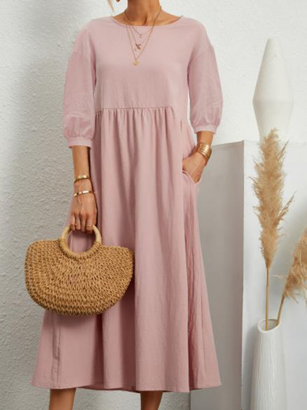 Solid color fashion lantern sleeve loose cotton linen pocket dress