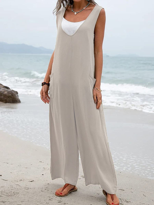 Solid color patch pocket fashion jumpsuit V-neck overalls wide-leg trousers
