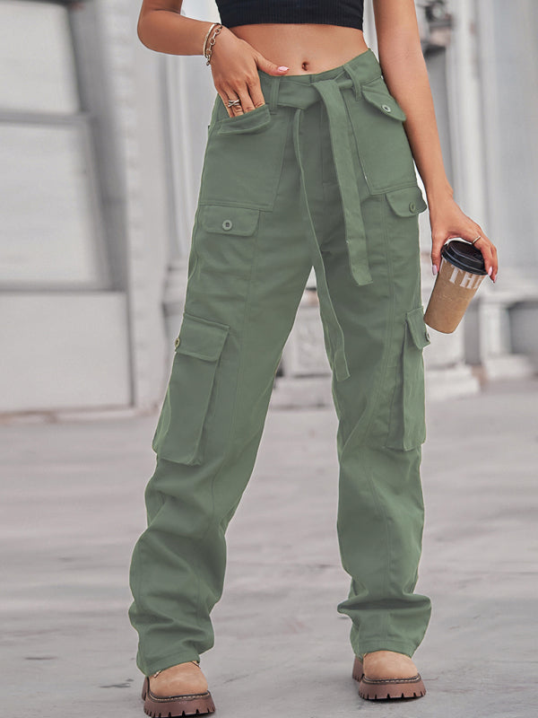 Women's Color Belted High Waist Utility Cargo Pants