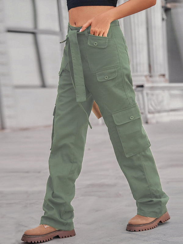 Women's Color Belted High Waist Utility Cargo Pants