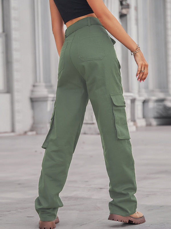 Women's Color Belted High Waist Utility Cargo Pants