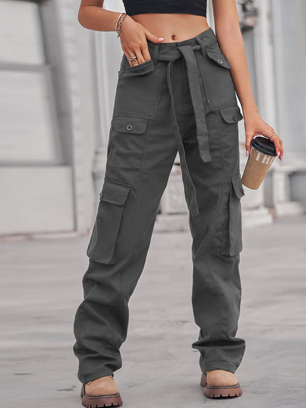 Women's Color Belted High Waist Utility Cargo Pants