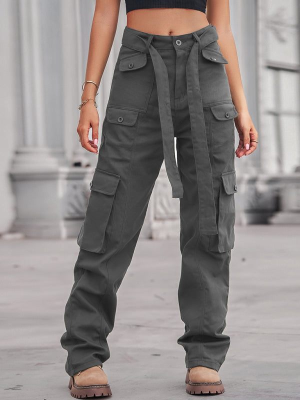 Women's Color Belted High Waist Utility Cargo Pants