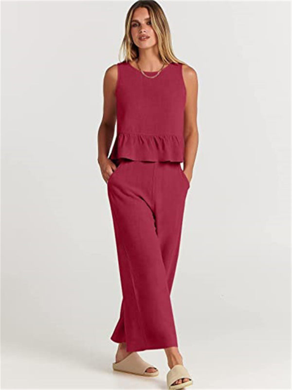 Sleeveless pleated vest wide-leg cropped pants casual suit