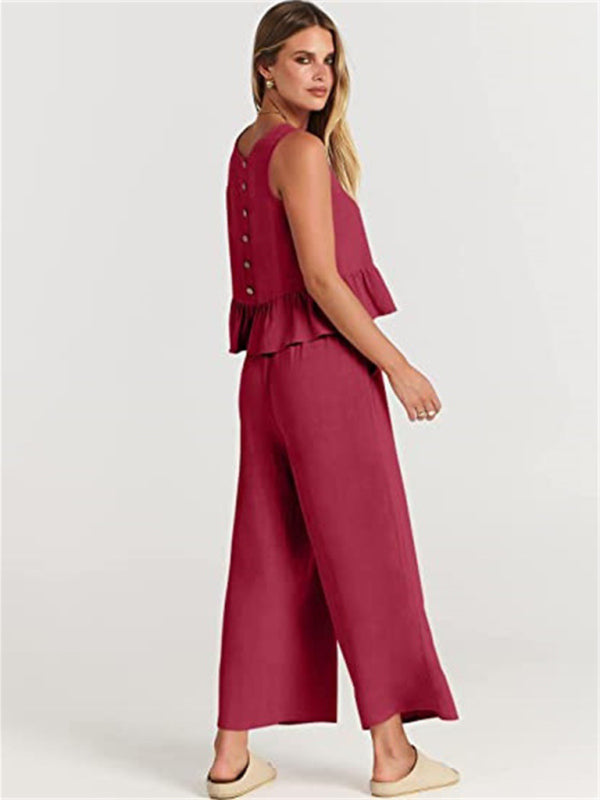 Sleeveless pleated vest wide-leg cropped pants casual suit
