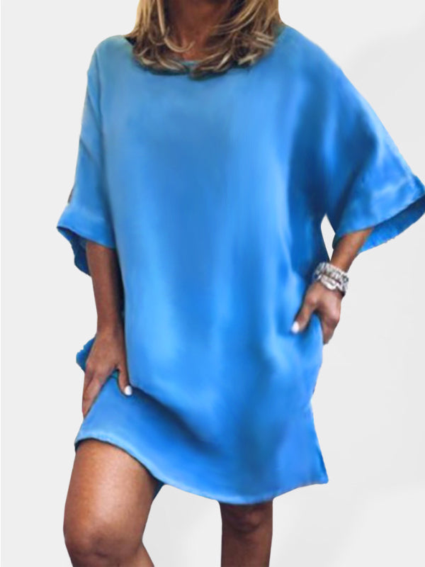 Women's Solid Color Linen Blend Three-quarter Sleeve Slit Hem Dress