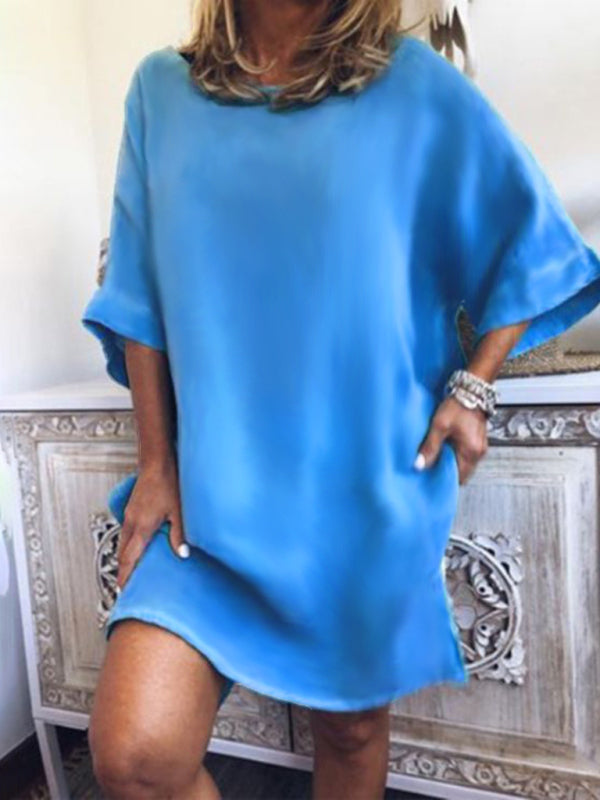Women's Solid Color Linen Blend Three-quarter Sleeve Slit Hem Dress