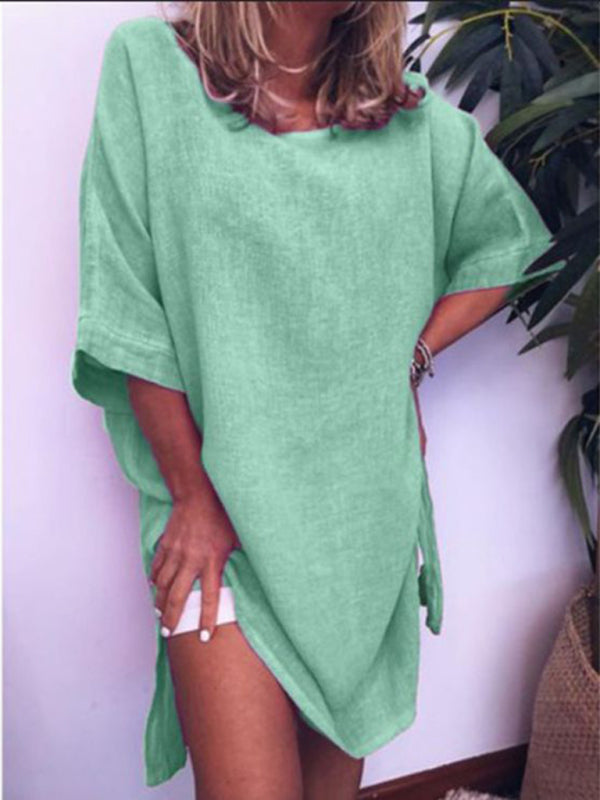Women's Solid Color Linen Blend Three-quarter Sleeve Slit Hem Dress