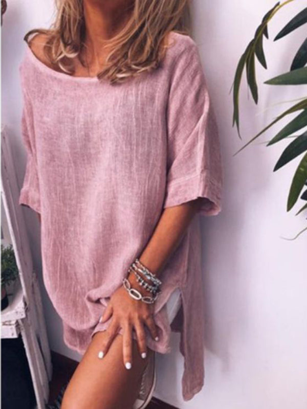 Women's Solid Color Linen Blend Three-quarter Sleeve Slit Hem Dress