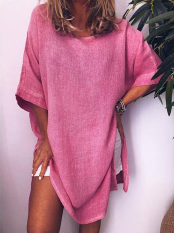 Women's Solid Color Linen Blend Three-quarter Sleeve Slit Hem Dress