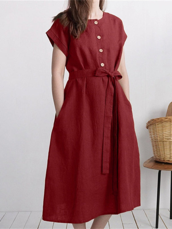 Women's Solid Color Tie Front Linen Blend Dress