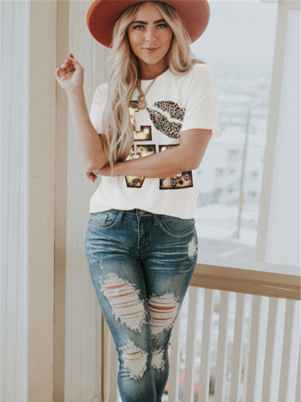 Women's Leopard Lip Print Short Sleeve Graphic T-shirt