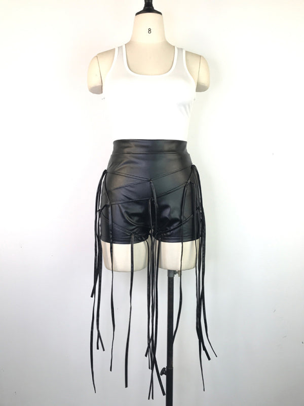 Sexy PU leather pants INS style leather rope braided low waist shorts