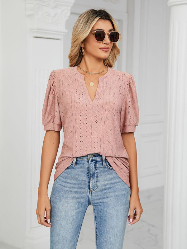 Women's knitted casual V-neck solid color hollow puff sleeve loose T-shirt