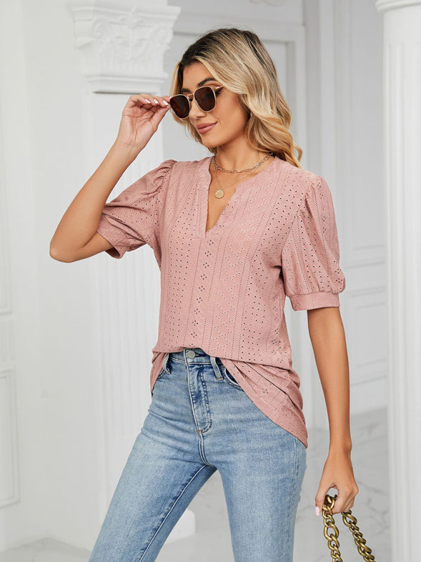 Women's knitted casual V-neck solid color hollow puff sleeve loose T-shirt