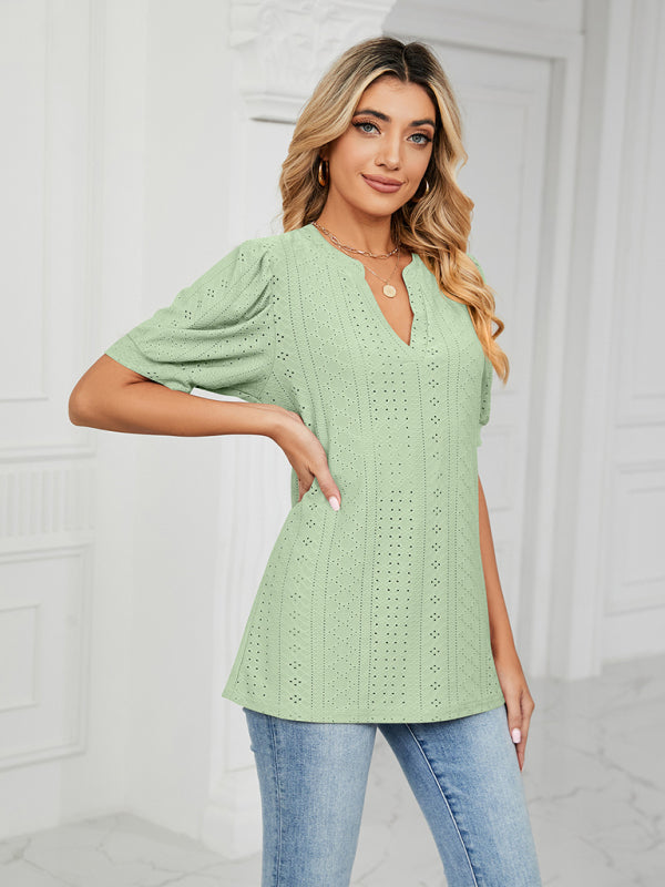 Women's knitted casual V-neck solid color hollow puff sleeve loose T-shirt