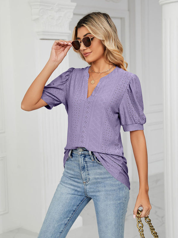 Women's knitted casual V-neck solid color hollow puff sleeve loose T-shirt