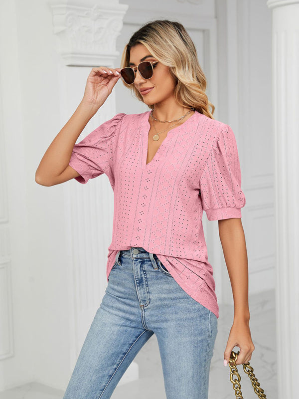Women's knitted casual V-neck solid color hollow puff sleeve loose T-shirt
