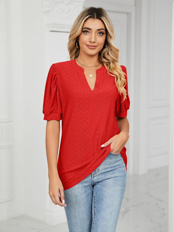 Women's knitted casual V-neck solid color hollow puff sleeve loose T-shirt