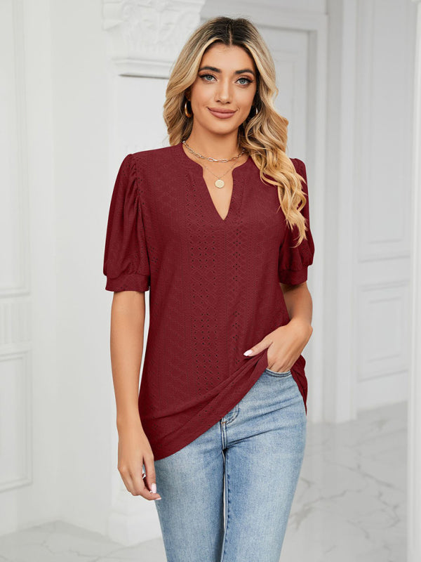 Women's knitted casual V-neck solid color hollow puff sleeve loose T-shirt