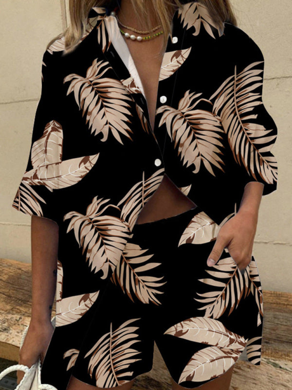 Women's Printed Short Sleeve Button Front Boxy Shirt With Matching Shorts
