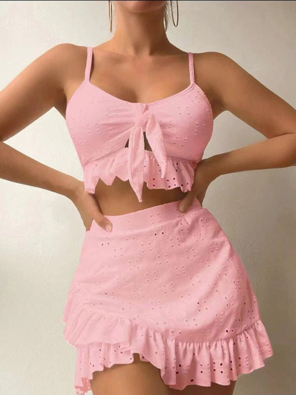 Women's Solid Color Eyelet Tie Front Ruffle Crop Tank With Matching Ruffle Hem Mini Skirt