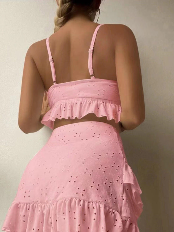 Women's Solid Color Eyelet Tie Front Ruffle Crop Tank With Matching Ruffle Hem Mini Skirt