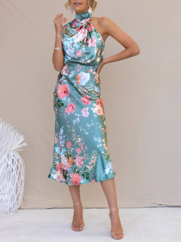 Women's Floral Print Halter Neck Midi Dress