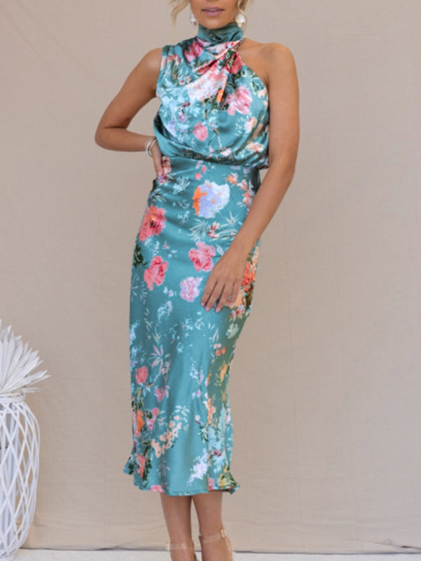 Women's Floral Print Halter Neck Midi Dress