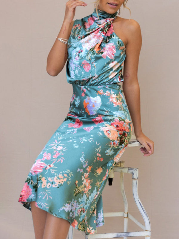 Women's Floral Print Halter Neck Midi Dress