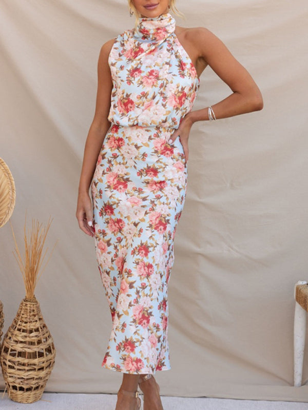 Women's Floral Print Halter Neck Midi Dress