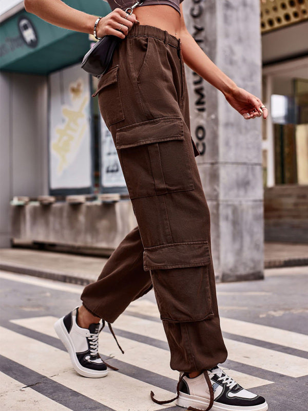 New loose drawstring design denim overalls casual sports