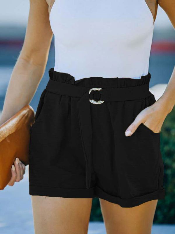 Women's Solid Color Belted Linen Shorts