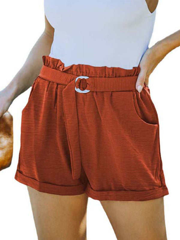 Women's Solid Color Belted Linen Shorts