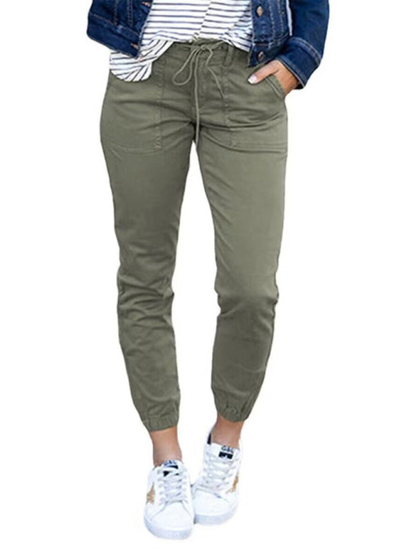 Women's Slim Pocket Cropped Pants New Solid Color Lace-Up Leisure Pants