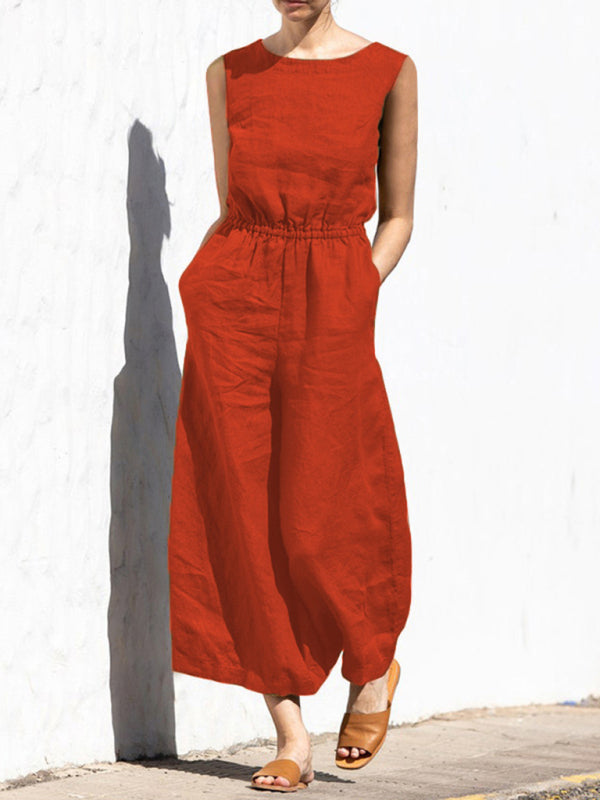 Solid color high waist sleeveless trousers women's fashion casual loose-fitting temperament jumpsuit