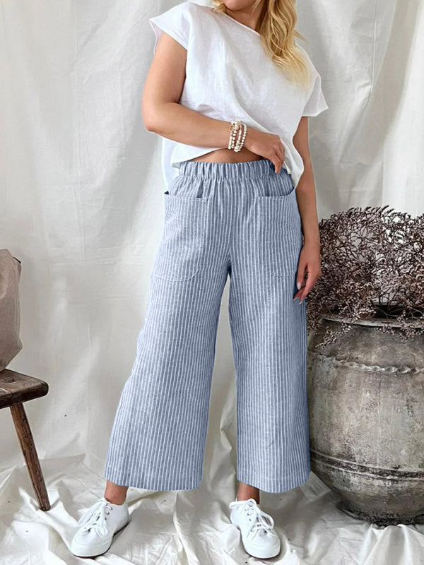 Women's Cotton Linen Loose Fashion Casual Striped Straight Leg Pants