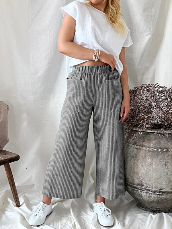 Women's Cotton Linen Loose Fashion Casual Striped Straight Leg Pants