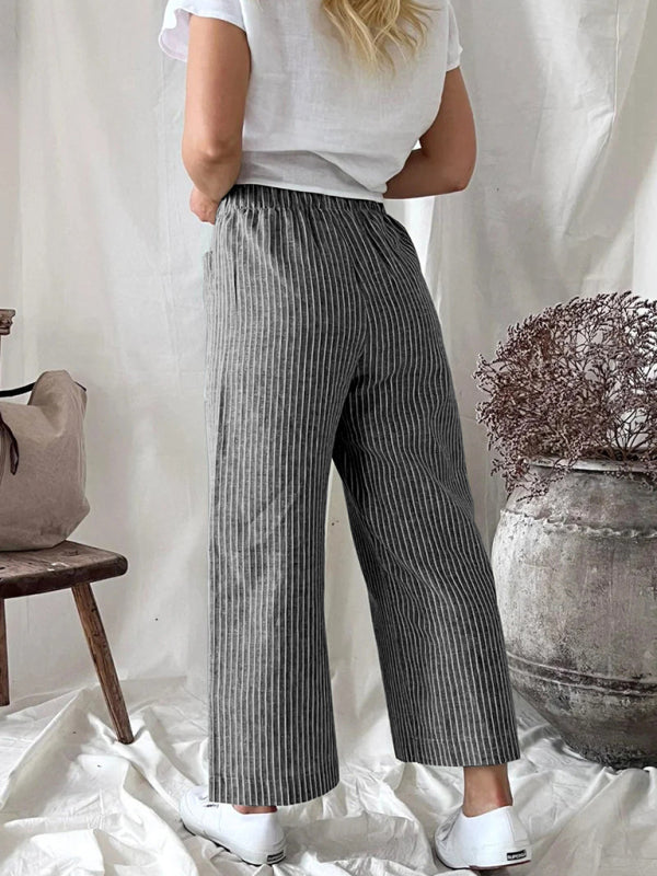 Women's Cotton Linen Loose Fashion Casual Striped Straight Leg Pants