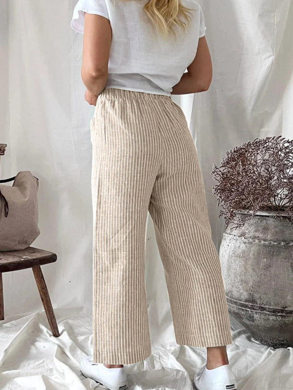 Women's Cotton Linen Loose Fashion Casual Striped Straight Leg Pants